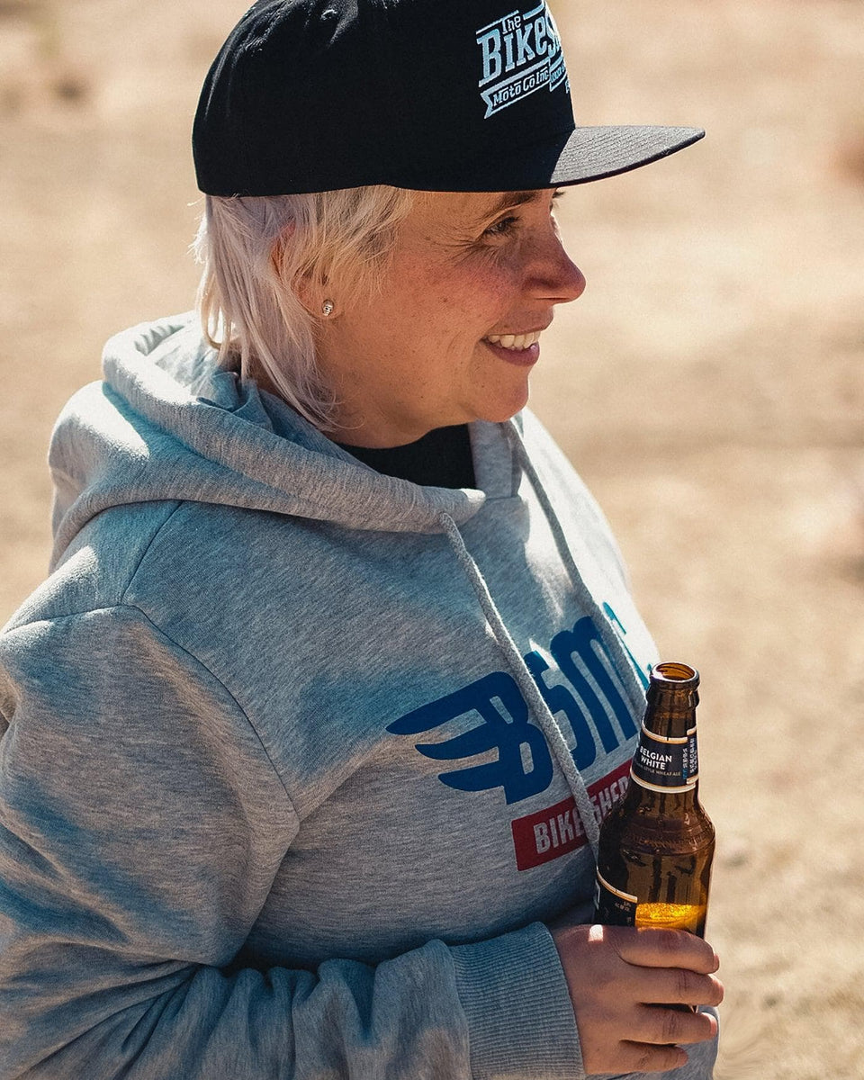 Mel wearing our BSMC XR Overhead Motorcycle Hoodie - Grey