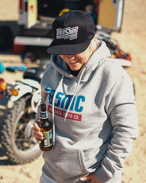 Mel wearing our BSMC XR Overhead Motorcycle Hoodie - Grey