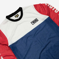 BSMC XR Race Jersey - WHITE/BLUE/RED, side on close up