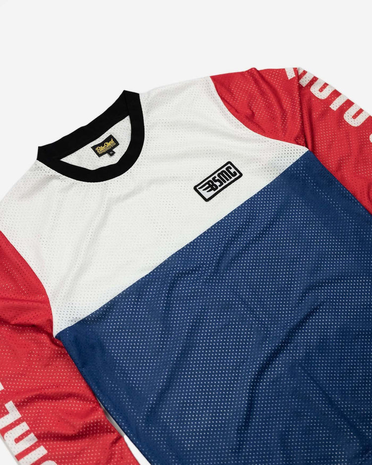 BSMC XR Race Jersey - WHITE/BLUE/RED, side on close up