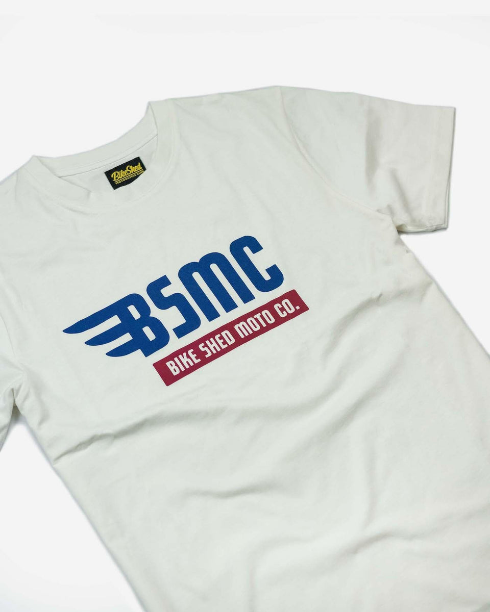 BSMC XT Motorcycle Logo T-Shirt - Off White, side on close up