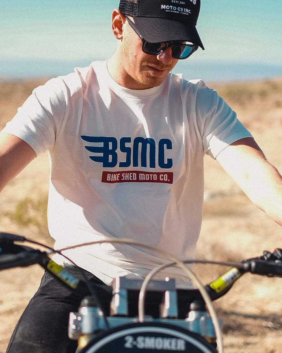 Model wearing our BSMC XT Motorcycle Logo T-Shirt - Off White