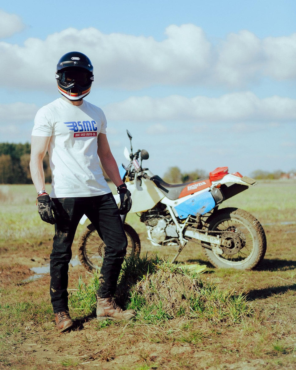 Harry wearing our BSMC XT Motorcycle Logo T-Shirt - Off White