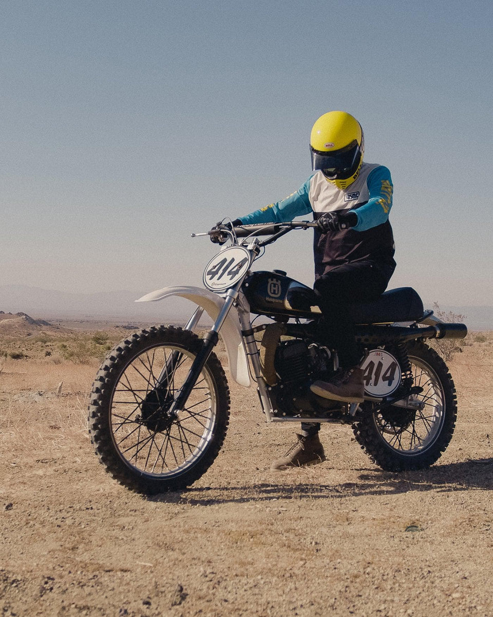 Model wearing our BSMC XT Motorcycle Race Jersey - BLUE/WHITE/BLACK on his bike