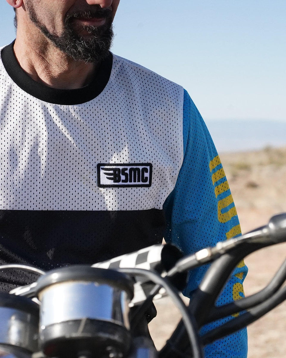 Model wearing our BSMC XT Motorcycle Race Jersey - BLUE/WHITE/BLACK