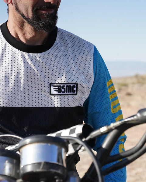 Model wearing our BSMC XT Motorcycle Race Jersey - BLUE/WHITE/BLACK