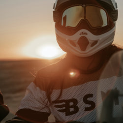 Caro wearing our BSMC Wing Race Jersey - Gold in the desert