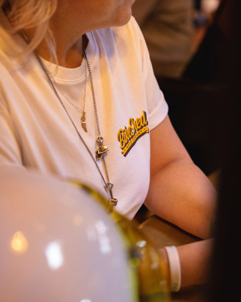 Logo close up on BSMC Motorcycle Mural Graphic T Shirt - White