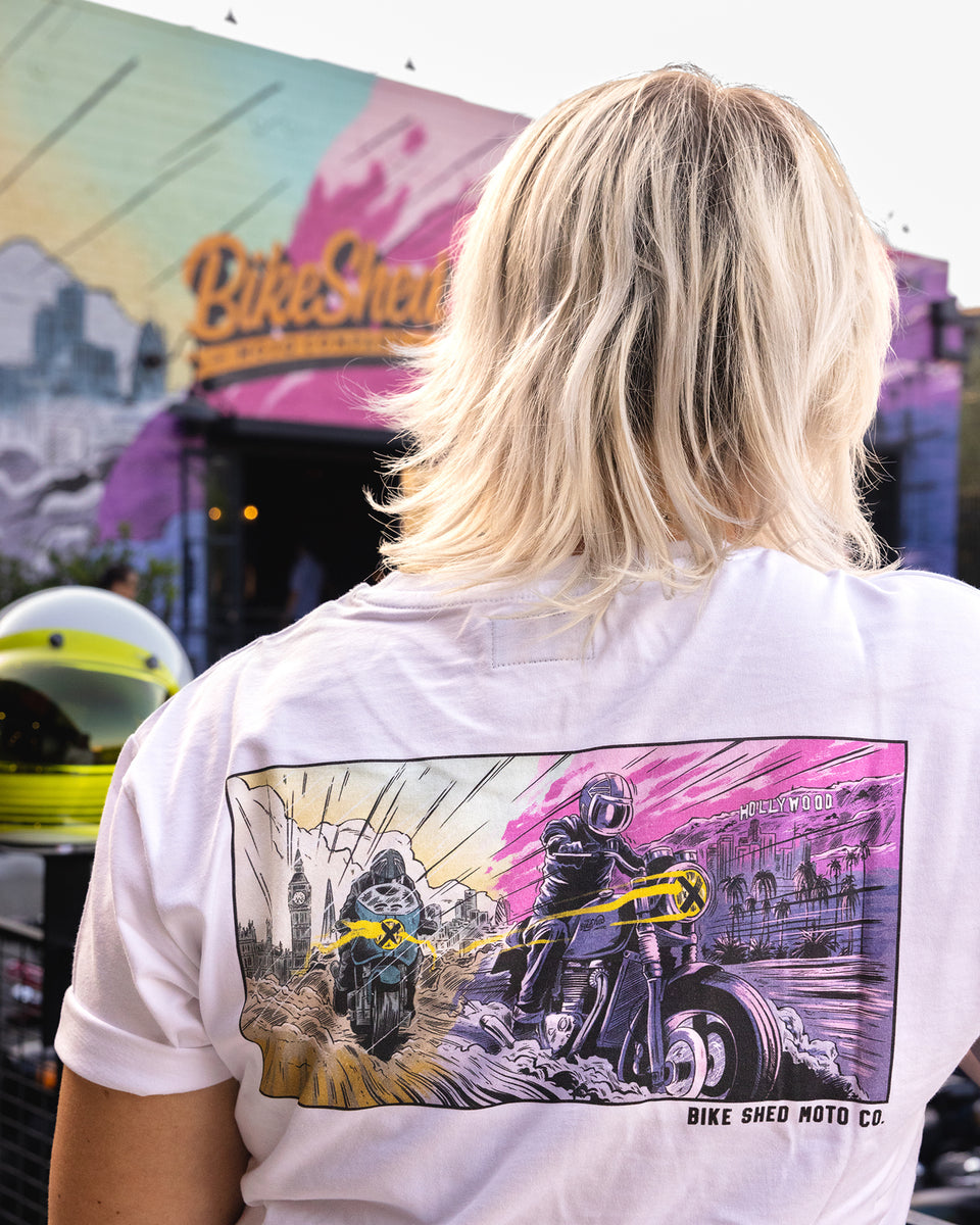 Model wearing our BSMC Motorcycle Mural Graphic T Shirt - White at LA venue
